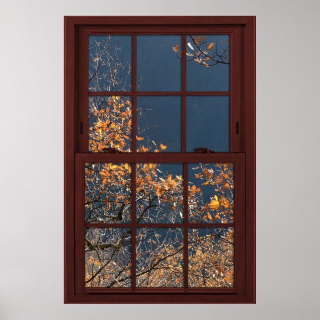 Cherry Wood Faux Window Autumn Leaves View 2 of 2 Poster (Front)