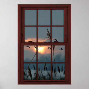 Cherry Wood Faux Window Illusion - Flock of Birds Poster