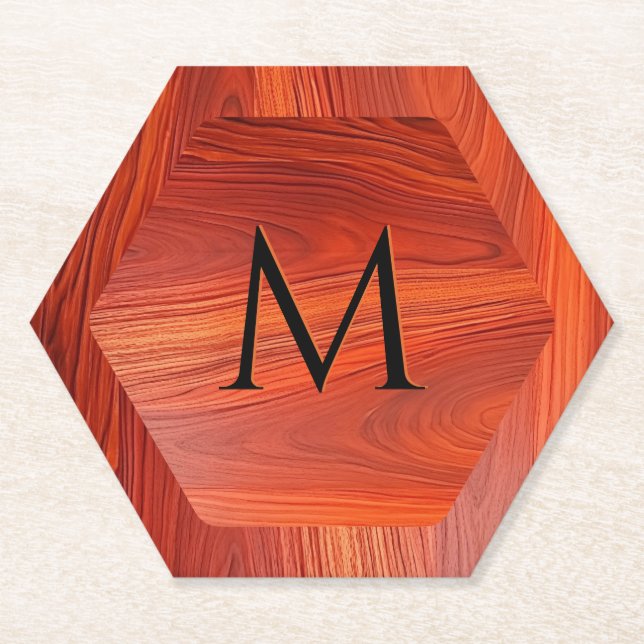Cherry wood texture custom monogram. paper coaster (Front)