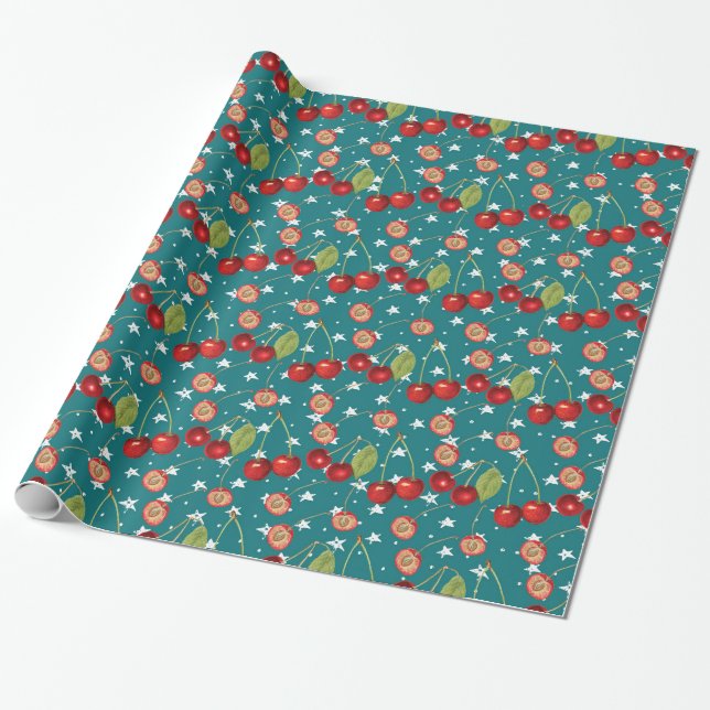 Cherry Wrapping Paper with Dusty Blue Background (Unrolled)