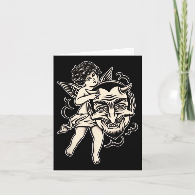 Cherub And Satan Traditional Tattoo Blackwork  Card (Front)