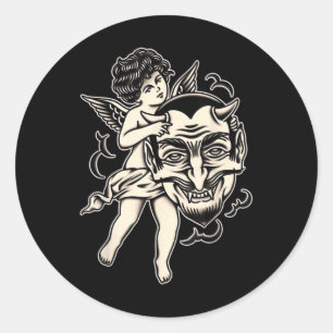 Cherub And Satan Traditional Tattoo Blackwork  Classic Round Sticker