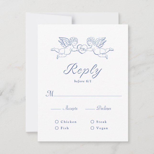 Cherub Cupid Couple Holding Heart Wedding Meal RSVP Card (Front)