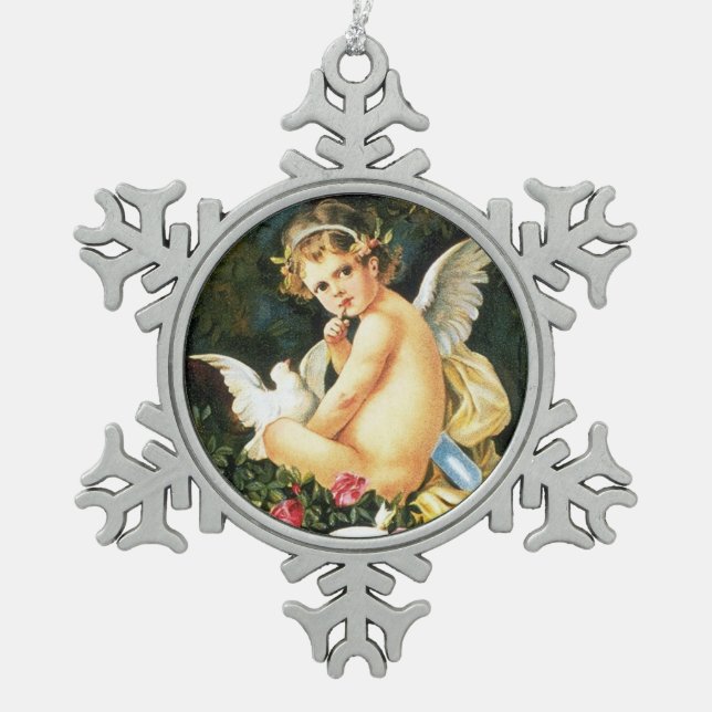 Cherub Cupid Dove Rose Heart Snowflake Pewter Christmas Ornament (Front)
