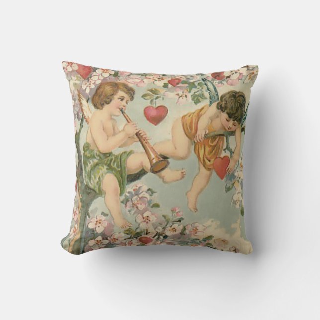 Cherub Cupid Flute Magnolia Tree Heart Cushion (Front)