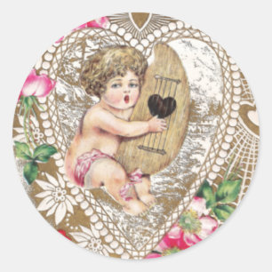 Cherub Playing Harp Illustration Classic Round Sticker