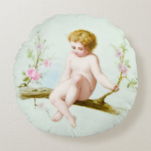 Cherubic Cupid Sits on Pink Flower Vine Swing Round Cushion