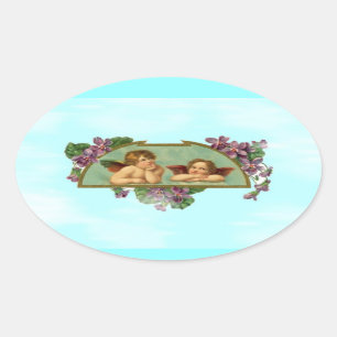 Cherubs Keeping Watch From Heaven Oval Sticker
