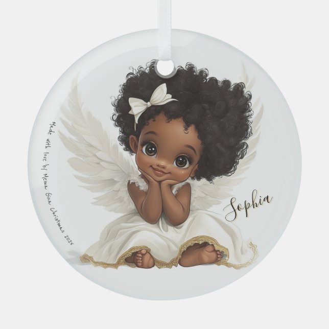 Cherub's Smile: Angelic Joy in White and Gold Glass Tree Decoration (Front)