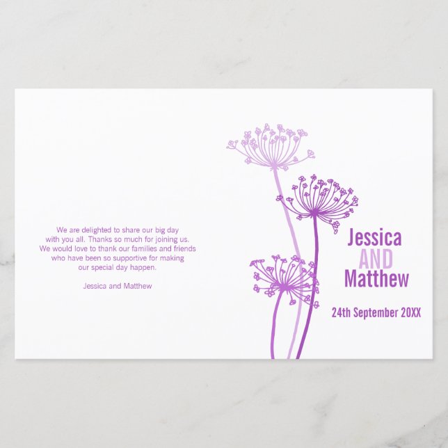 Chervil graphic purple flower Wedding Programme (Front)