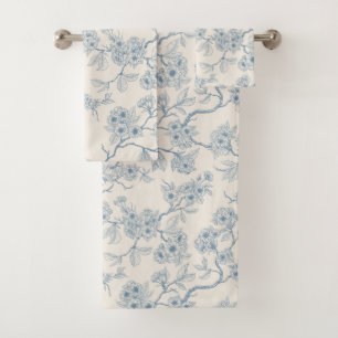 Chery blossom branches in blue and off white bath towel set
