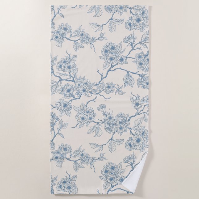 Chery blossom branches in blue and off white beach towel (Front)