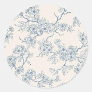 Chery blossom branches in blue and off white classic round sticker