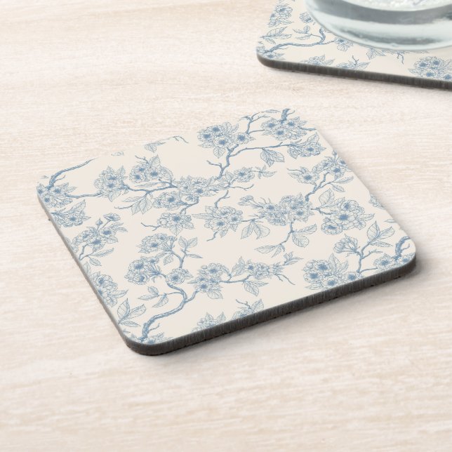 Chery blossom branches in blue and off white coaster (Left Side)