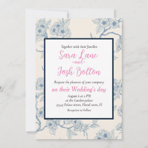 Chery blossom branches in blue and off white invitation