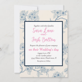 Chery blossom branches in blue and off white invitation