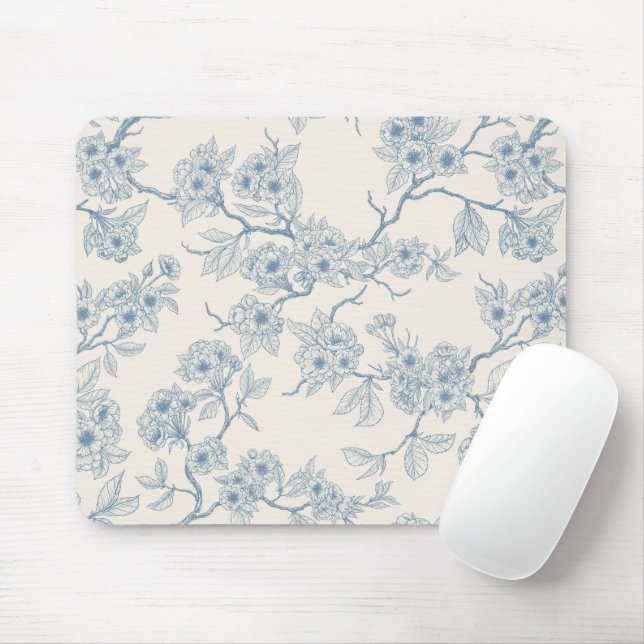 Chery blossom branches in blue and off white mouse pad (With Mouse)