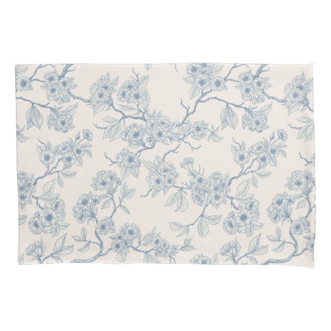 Chery blossom branches in blue and off white pillowcase (Front-Left)