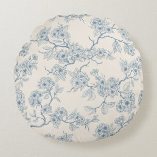 Chery blossom branches in blue and off white round cushion