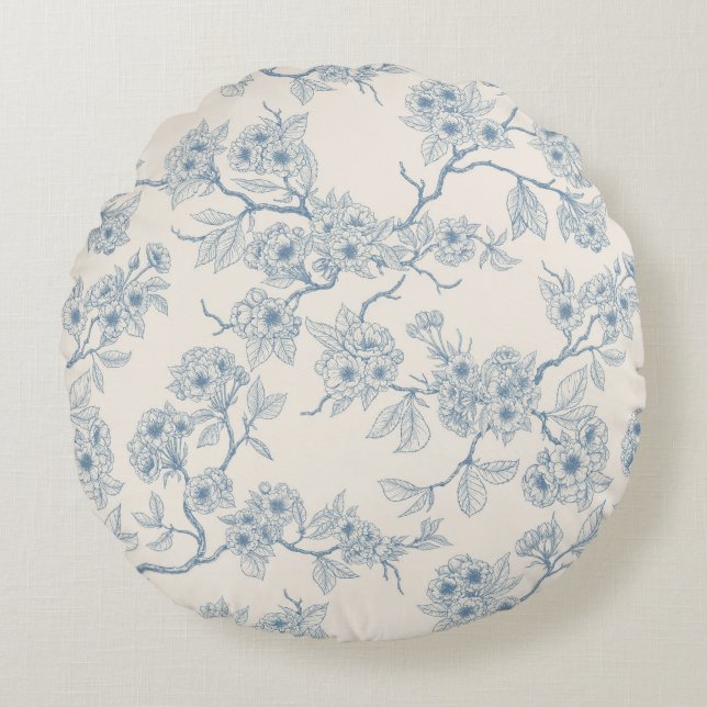 Chery blossom branches in blue and off white round cushion (Front)