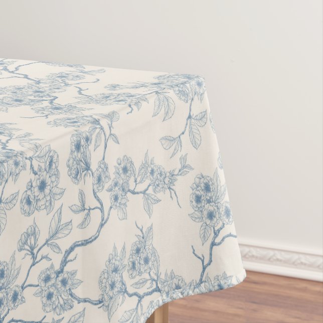 Chery blossom branches in blue and off white tablecloth (In Situ)