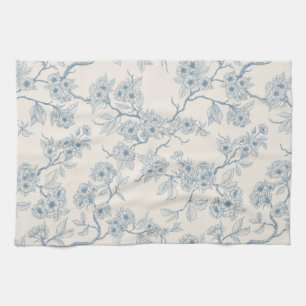 Chery blossom branches in blue and off white tea towel