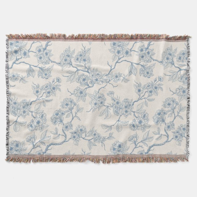 Chery blossom branches in blue and off white throw blanket (Front)