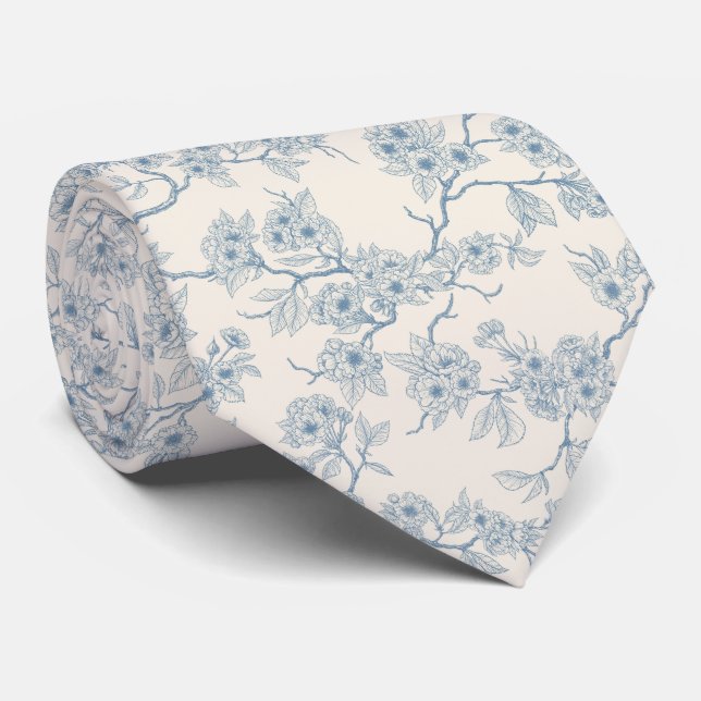 Chery blossom branches in blue and off white tie (Rolled)