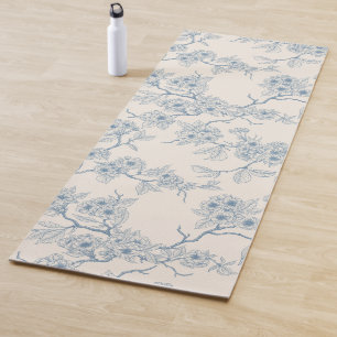 Chery blossom branches in blue and off white yoga mat