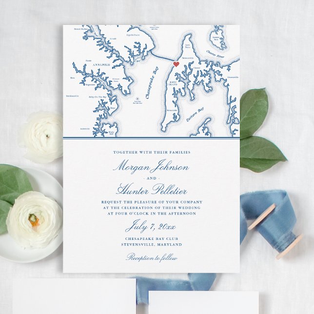 Chesapeake Bay Beach Club Elegant Navy Wedding Invitation (Chesapeake Bay Beach Club Wedding Invitation with Elegant Navy Blue Stevensville Maryland Map )