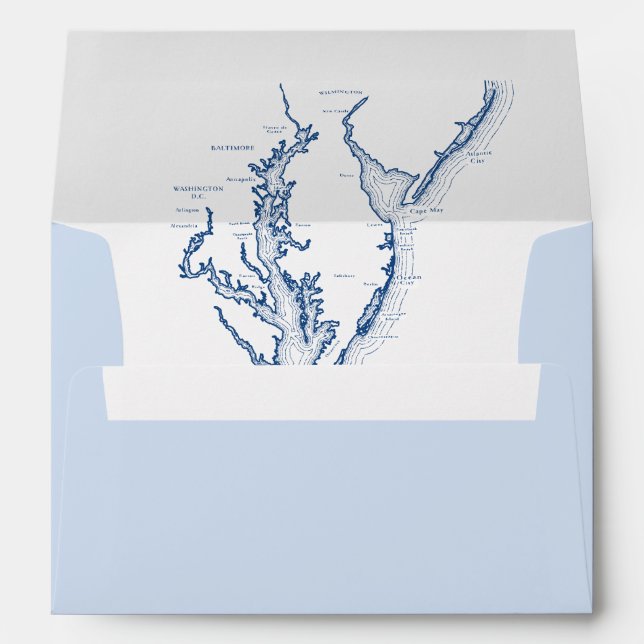Chesapeake Bay Map Light Blue Wedding Envelope (Back (Bottom))