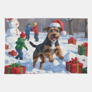 Chesapeake Bay Retriever Snow with Christmas Hat Tea Towel