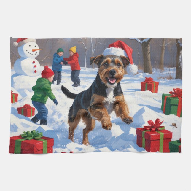 Chesapeake Bay Retriever Snow with Christmas Hat Tea Towel (Horizontal)
