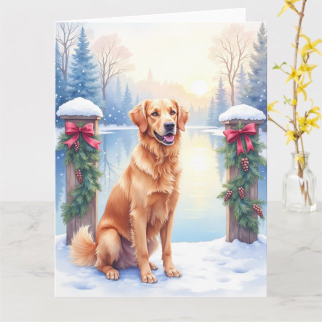 Chesapeake Bay Retriever Winter Lakeside Christmas Card (Yellow Flower)