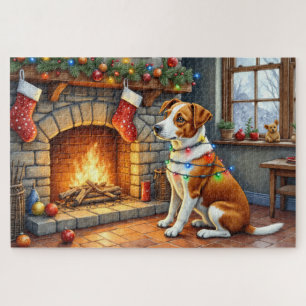 Chesapeake Bay Terrier Fireplace Christmas Lights Jigsaw Puzzle