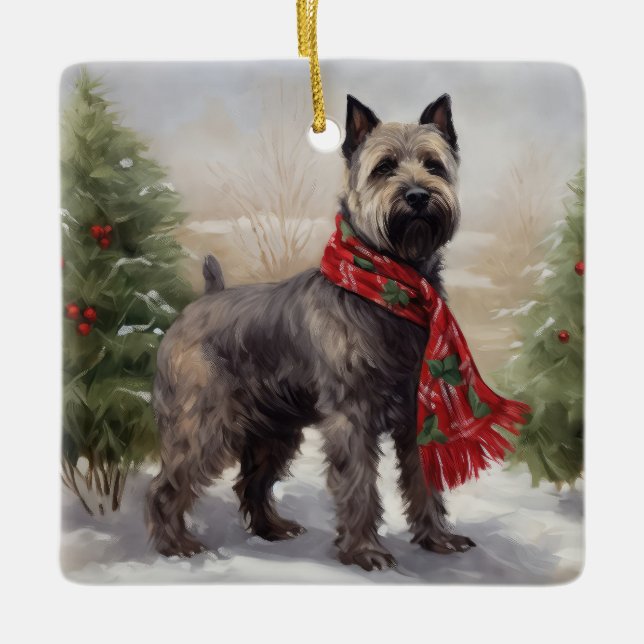 Chesapeake Dog in Snow Christmas Ceramic Ornament (Front)