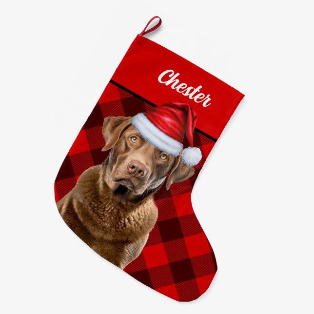 Chesapeake Retriever Holiday Plaid Personalised Large Christmas Stocking (Front (Hanging))