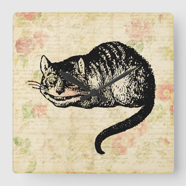 Cheshire Cat Alice in Wonderland Art Illustration Square Wall Clock (Front)