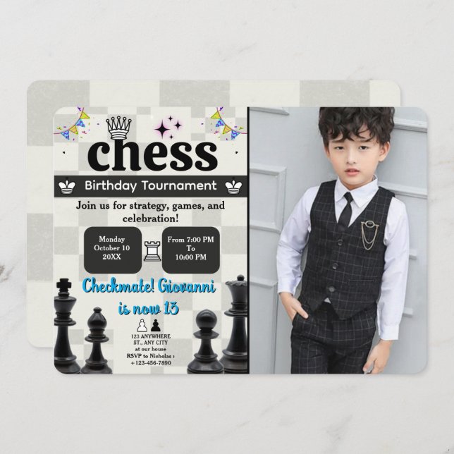 Chess Birthday Party Invitation with your Image (Front/Back)