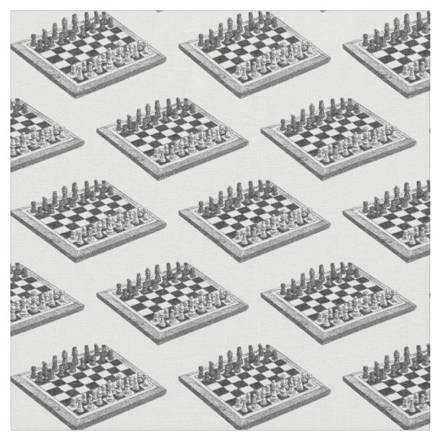 Chess Board and Chess Pieces Vintage Art Fabric (Close Up)