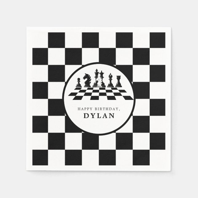 Chess Board & Pieces Game Night Happy Birthday Napkin (Front)