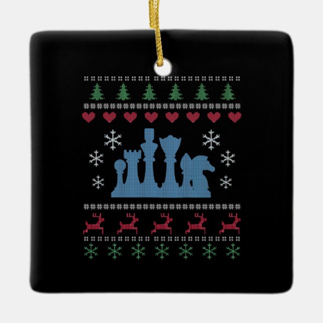 Chess - Chess Pieces Ugly Christmas Ceramic Ornament (Front)