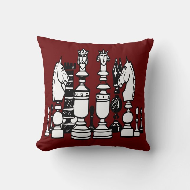 Chess decor pillow black white red pillow (Front)