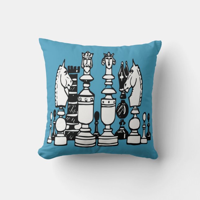 Chess decor pillow black white sky blue pillow (Front)