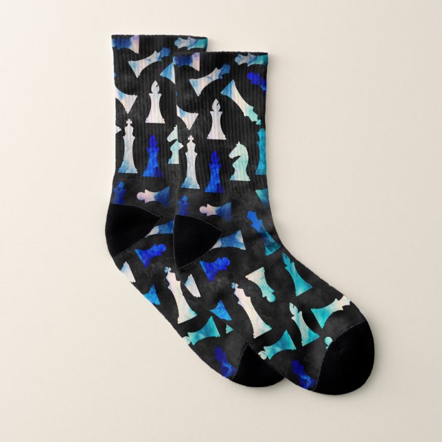 Chess Figures Pattern -Watercolor Blue and Teals Socks (Pair)