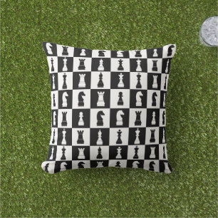Chess Game Figures Black and White Pattern Cushion
