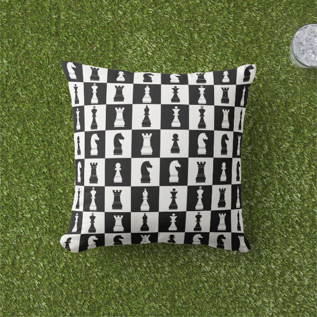 Chess Game Figures Black and White Pattern  Cushion (Grass)