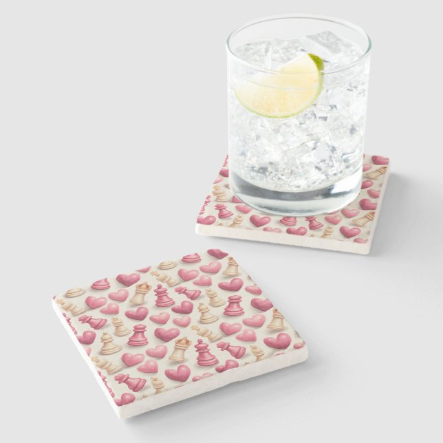 Chess & Hearts Valentines Pattern Stone Coaster (Side)