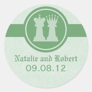 Chess King and Queen Wedding Stickers, Green Classic Round Sticker