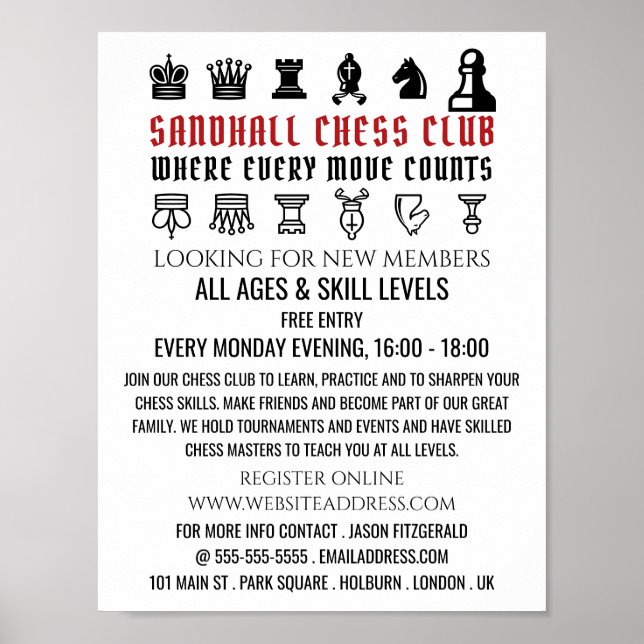 Chess Pieces, Chess Club Advertising Poster (Front)